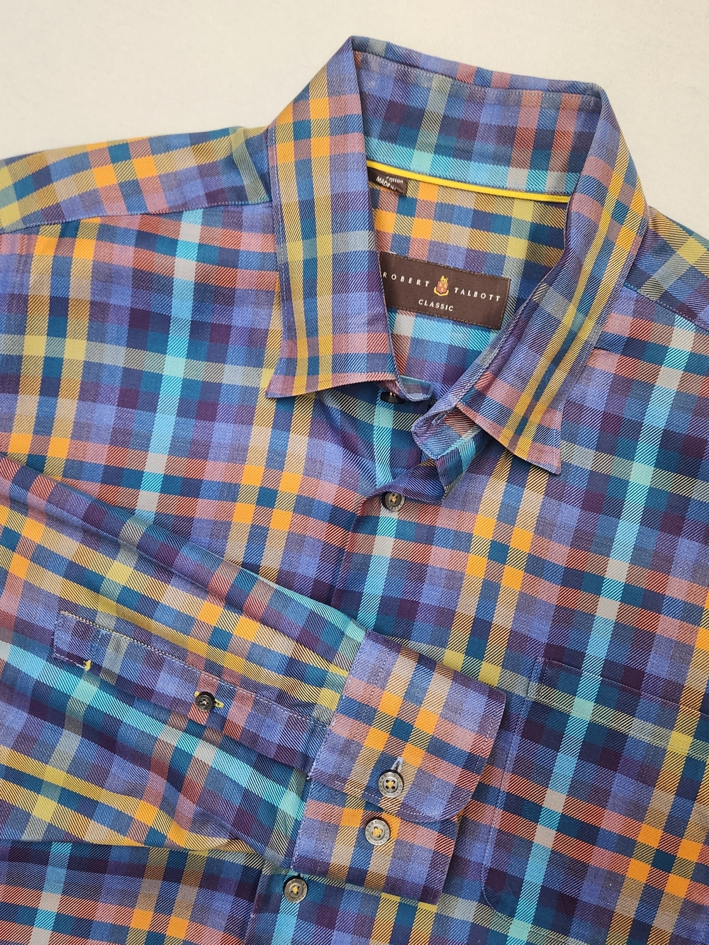 Robert Talbott Classic Shirt Mens XL Vibrant Teal Gold Plaid Long Sleeve Luxury